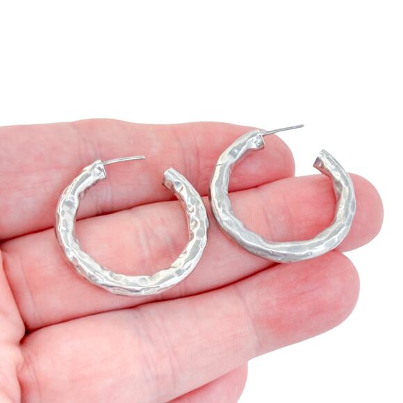 Vintage Sterling Silver 925 3cm Hammered Hoop Earrings - Picture 1 of 5